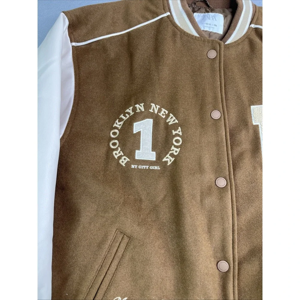 Zara Girls Letterman Snap Button PATCH VARSITY BROWN JACKET Size 13-14